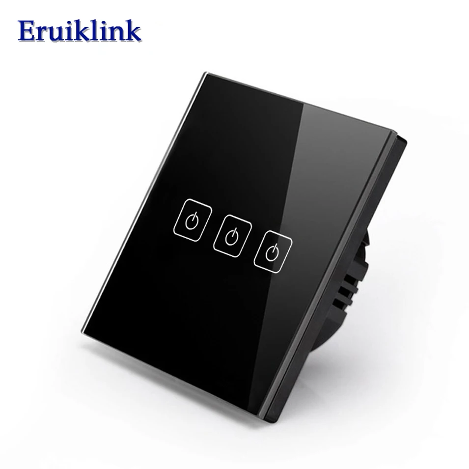 Стандарт ЕС/Великобритании Eruiklink сенсорный выключатель 1 банда/2 банда/3 банды 1 способ, один Fireline настенный выключатель света, Черный Кристалл Закаленное стекло