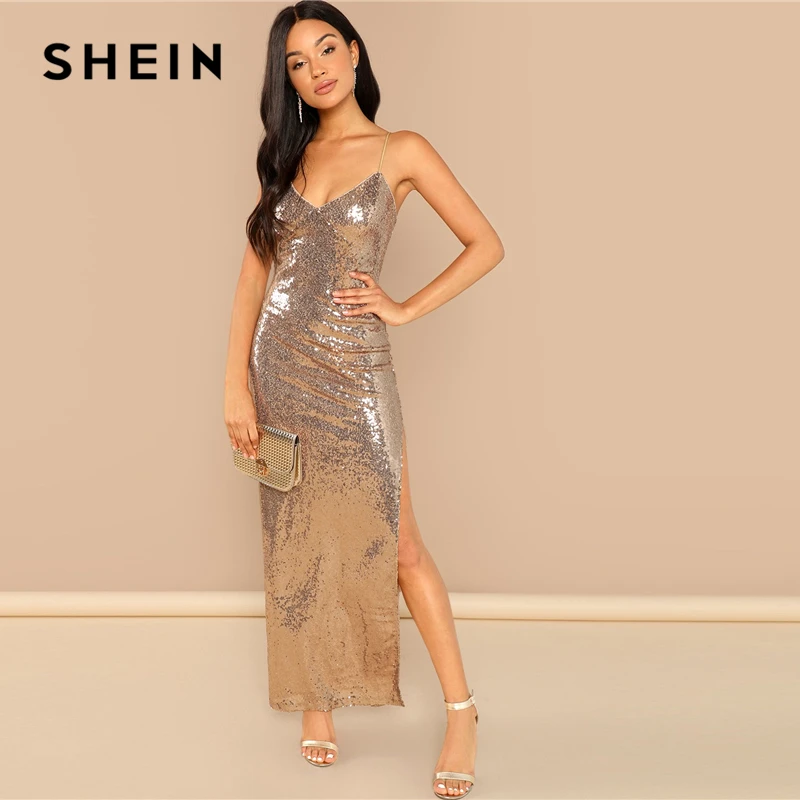 SHEIN золотые вечерние платья с открытой спиной, с разрезом по бокам, с блестками, на бретельках, сплошное облегающее платье макси,, летние, Клубные, современные, женские платья