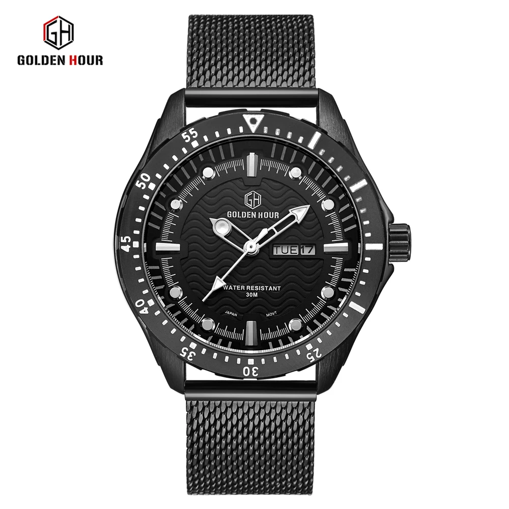 Мужские наручные часы Reloj Hombre GOLDENHOUR бизнес браслет с сеткой водонепроницаемые