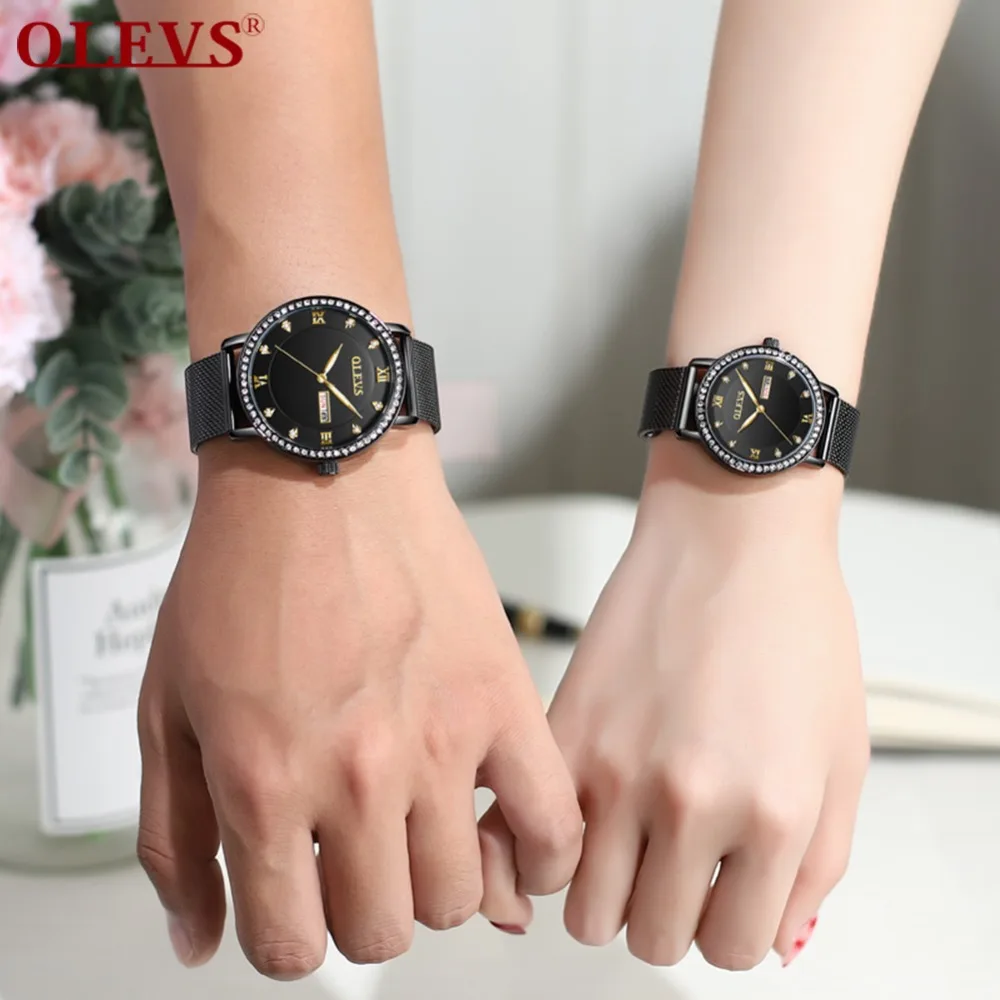 Reloj de pareja Модные кварцевые парные часы Черное женское из нержавеющей стали часы со стразами наручные часы мужские недели любовника подарки