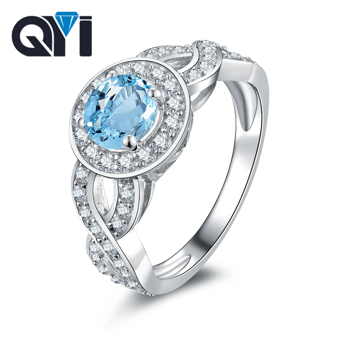 

QYI silver sky blue topaz rings for women 0.8 ct round cut gemstone fine jewelry 925 sterling silver halo engagement ring