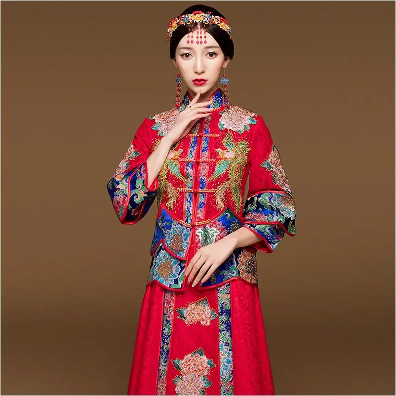 

Blue Red Cheongsam wedding dress For Overseas Chinese Women Vestido Oriental Collar Sexy Long Qi Pao Party Show opening ceremony
