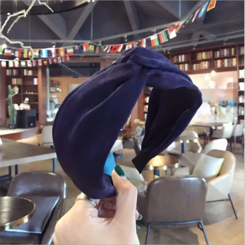 Тёмно-синий New High-end boutique hair accessories women's solid color fabric cross knotted wide-brimmed fashion hairband headband hair band - Цвет: Тёмно-синий
