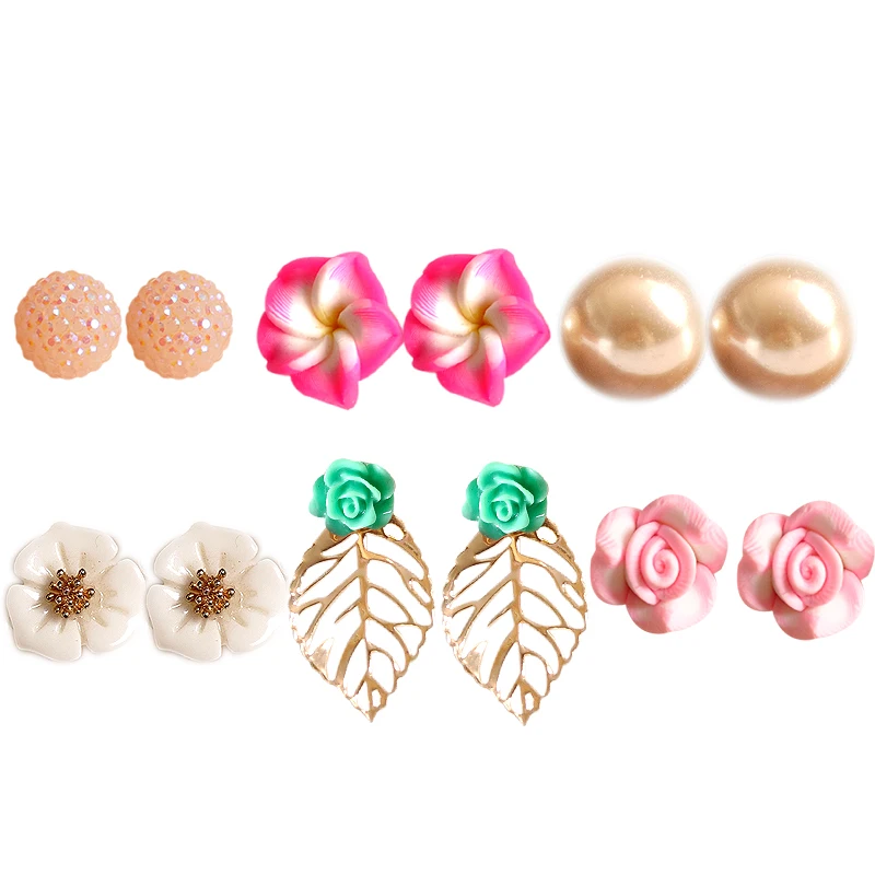New hot fashion woman jewelry wholesale Girl Birthday Party pearl ear nail flower pattern with 6 pairs of /set lovers' Earrings |