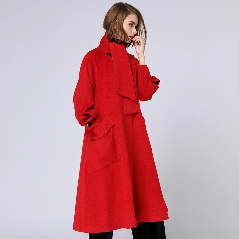 4XL зимнее осеннее красное шерстяное пальто для женщин 2018 размера плюс больше шарф