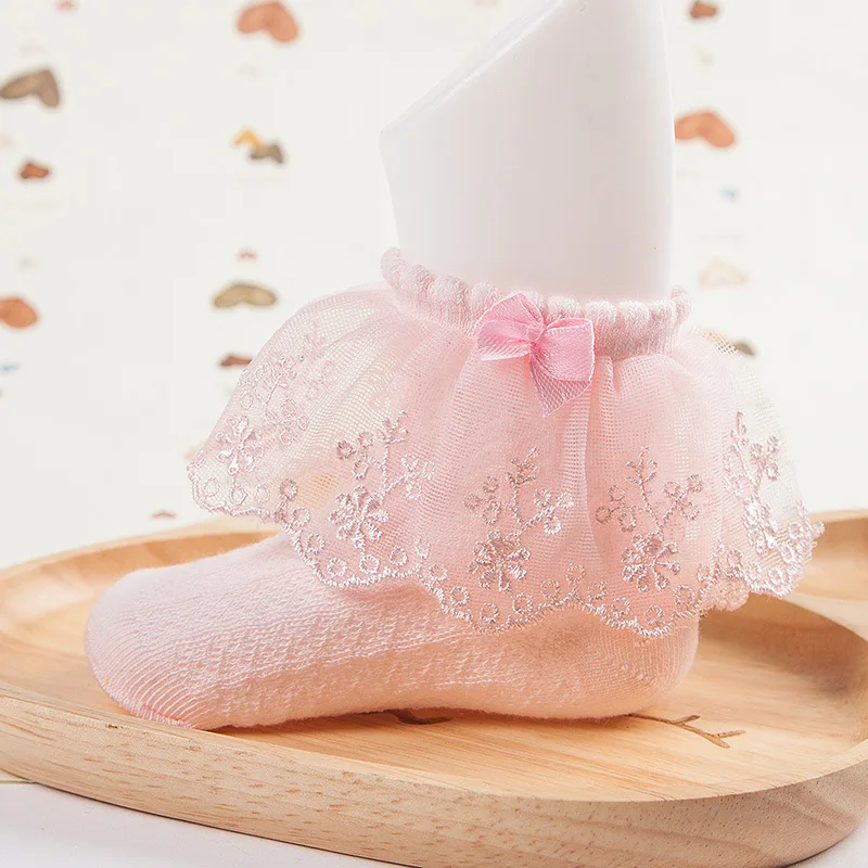 pink bow-knot Летние кружевные носки с цветочным рисунком для маленьких девочек с бантом, носки принцессы для маленьких девочек хлопковые детские носки тонкие кружевные носки с розочками для девочек - Цвет: pink bow-knot