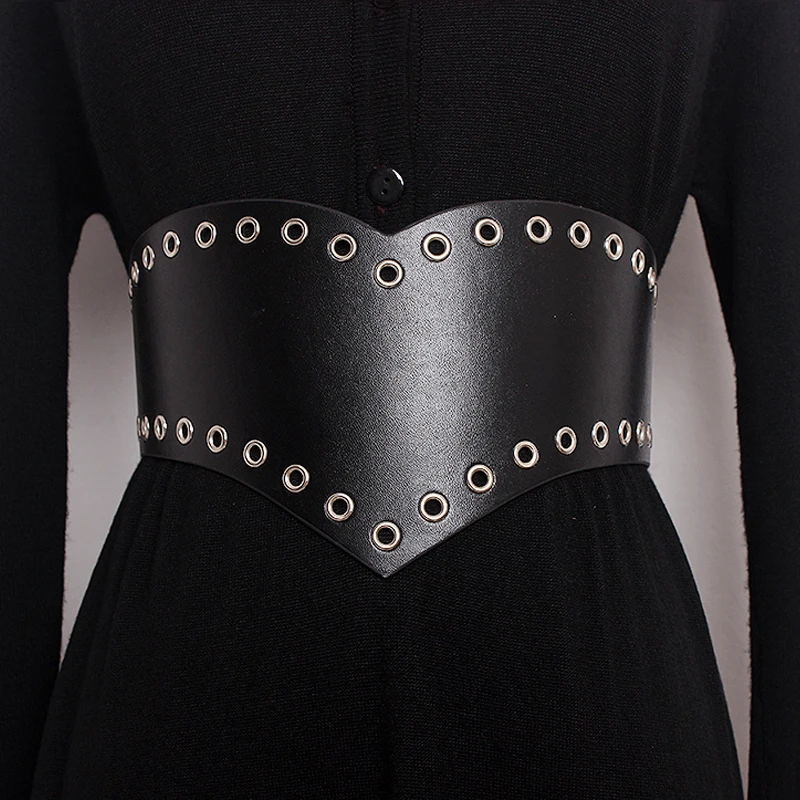 New Punk Leather Pearl geometry Belt Corset Black Elastic Wide Belts for Women Dress casual Cummerbund Korea Leisure Clothes