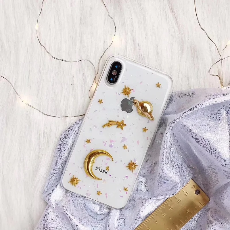 Gold Moon Stars Planet Phone Case For iphone X 6S 6 7 8 Plus Bling Glitter Universe Series Cover Cases Capa |