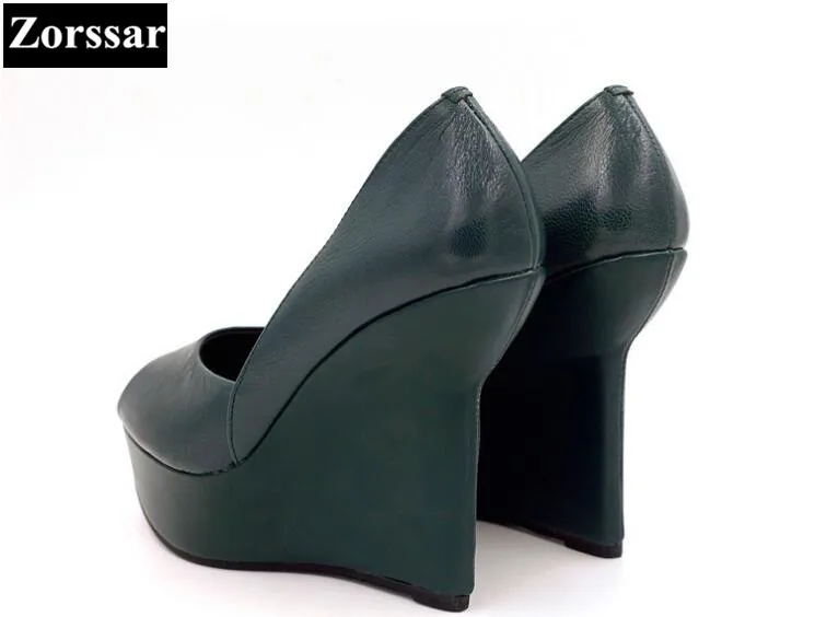 

Summer woman shoes platform wedge sandals women high heels shoes Green, black 2017 NEW Genuine leather womens peep toe pumps
