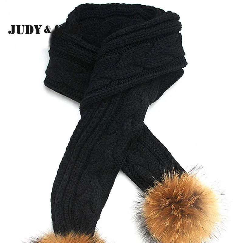 Женский теплный вязанный шарф с двумя помпонами из меха енота.|scarf beaded|scarf slidescarf