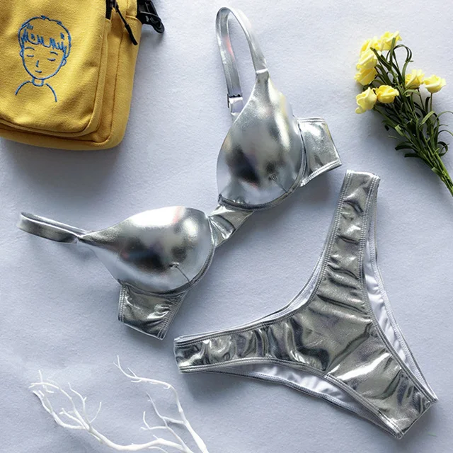 B348Silver Кожаный блестящее бикини с блестками, купальник с пуш-ап, женская одежда для плавания, Женский комплект бикини из двух предметов, Бюстгальтер, чашка, купальный костюм, купальник - Цвет: B348Silver