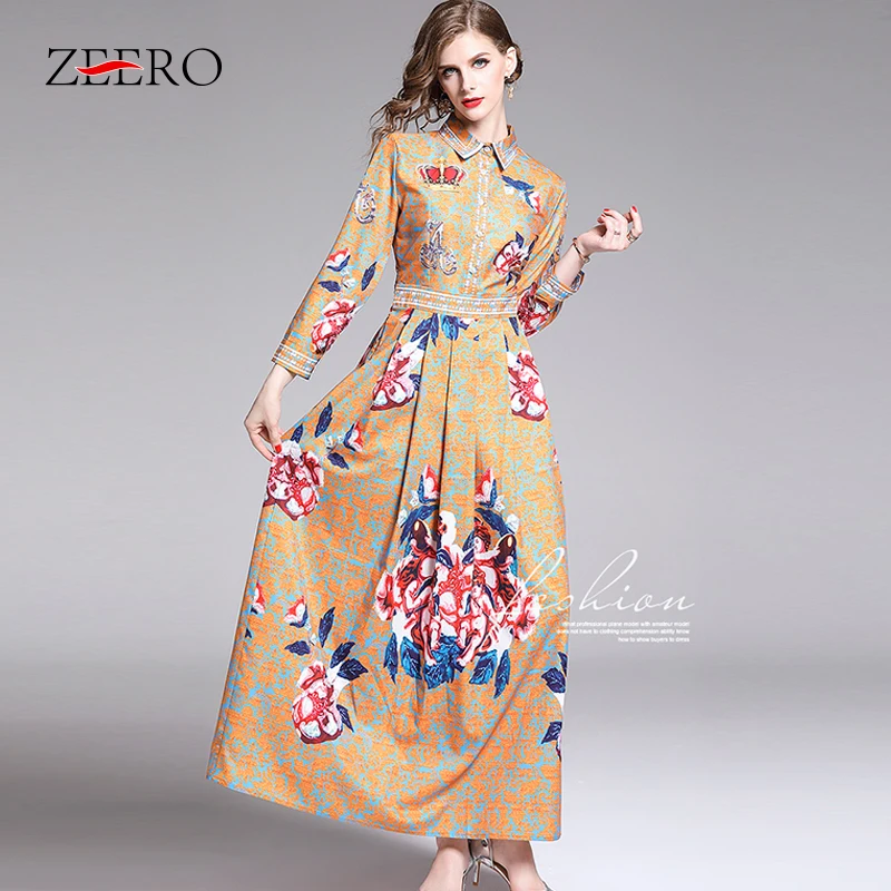 Подиумное винтажное платье осень 2019 цветочный принт воротник длинный рукав