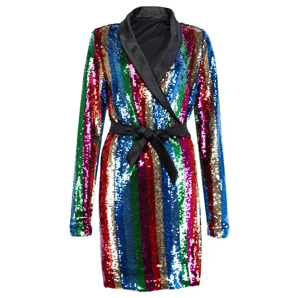 sequin Яркое кружевное лоскутное Радужное Полосатое блестящее платье с блестками на пуговицах, украшенное узкой талией, с длинным рукавом, женские Мини-Вечерние Платья - Цвет: sequin