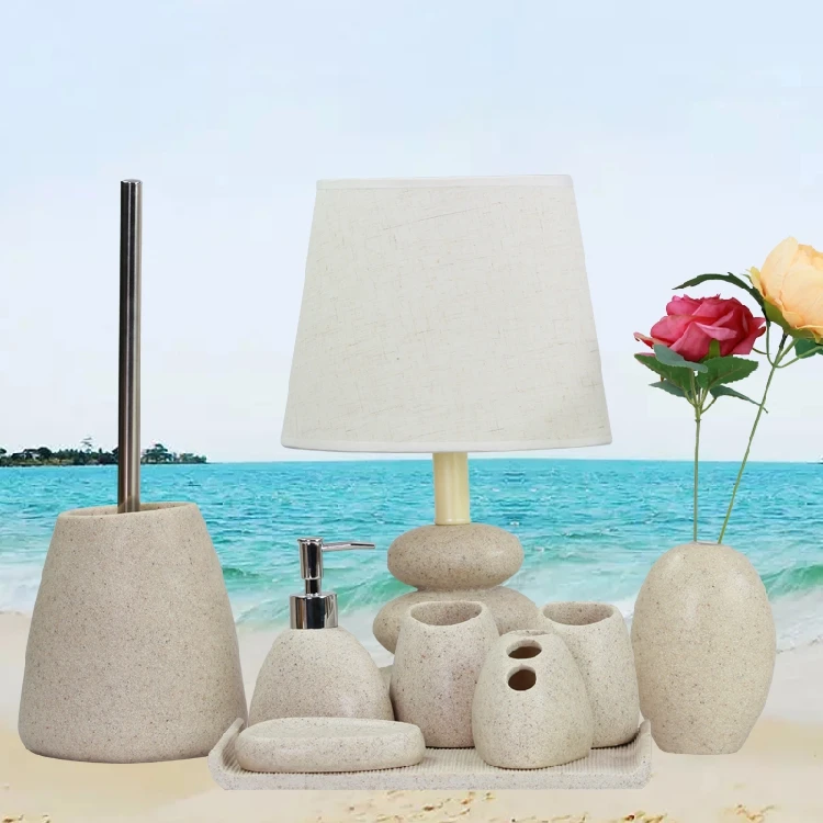 

5in1 set Set sand color Resin Bath Ensemble Bathroom Set Soap Dish Lotion Dispenser Toothbrush Holder cup with lamp Tray vase