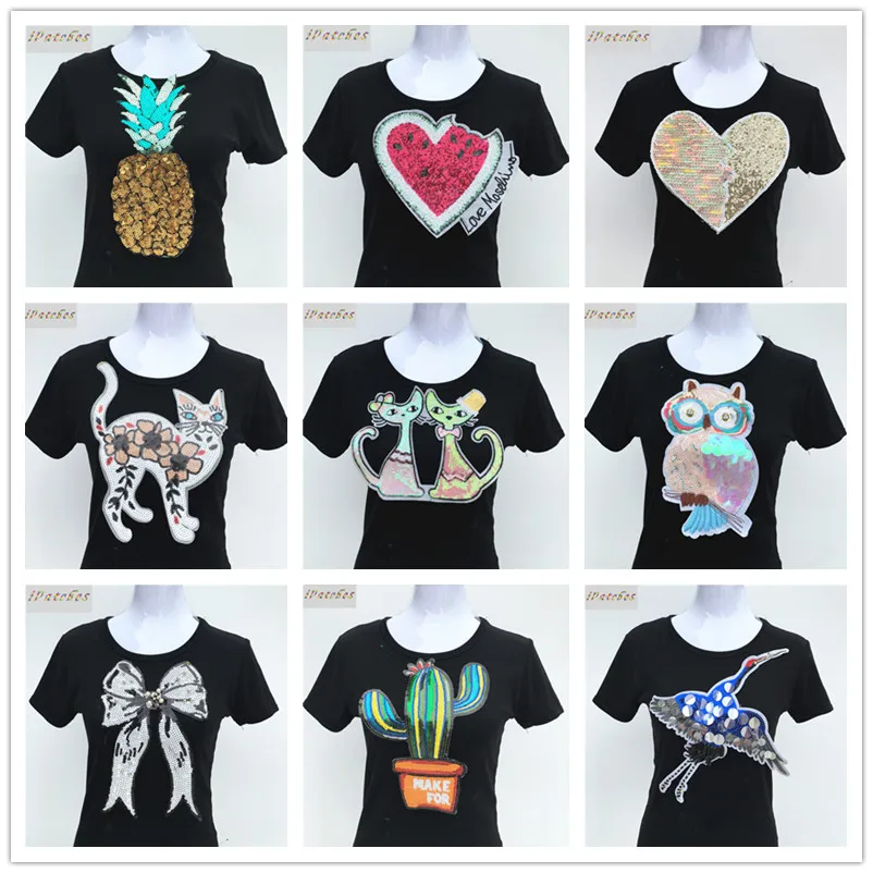 1 шт. патчи для одежды с рисунком кота кактуса ананаса и блестками|sequin patches|patches for