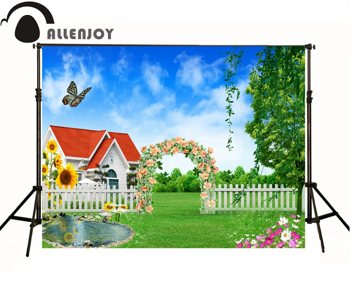 Allenjoy фон для фотосъемки в саду весенний 3D дом голубое небо открытый камера |