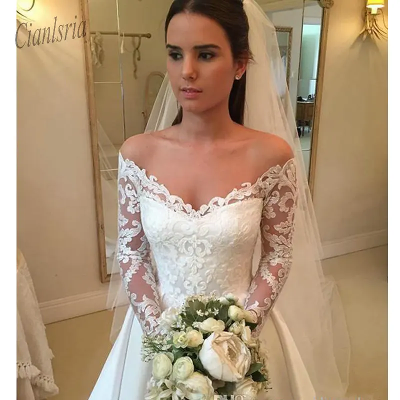 

Off The Shoulder Long Sleeve Wedding Dress 2020 Appliques Lace V-Neck Custom Made Wedding Dresses Bridal Gown vestido de novia