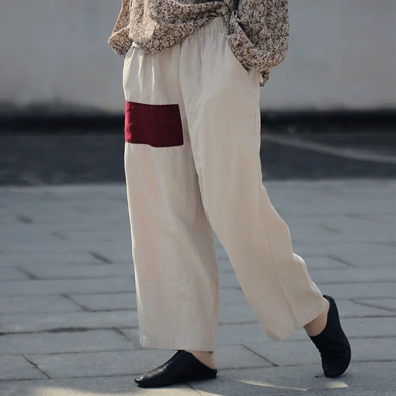 Женские льняные широкие брюки винтажные свободные с эластичной талией и