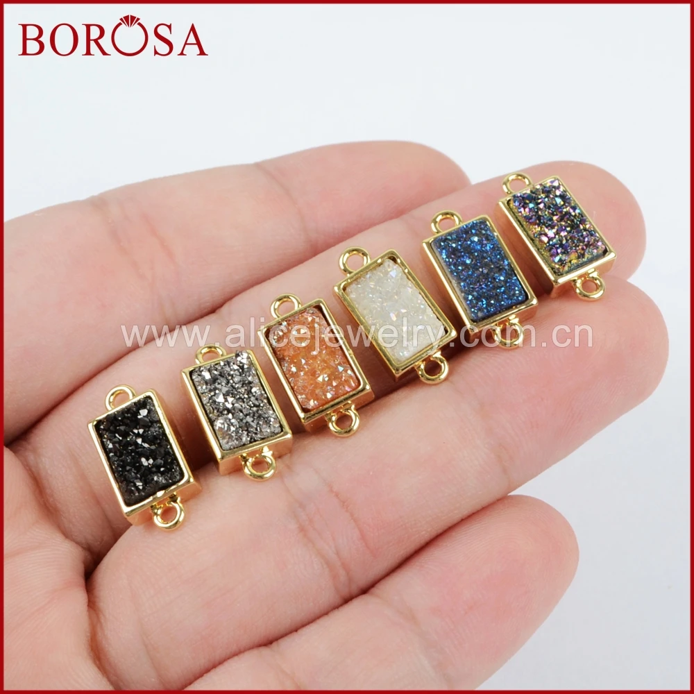 BOROSA Drusy разъем для браслета, Прямоугольник Золотой цвет ободок Радуга титановые кристаллы Друза разъем двойной Bails ZG0154