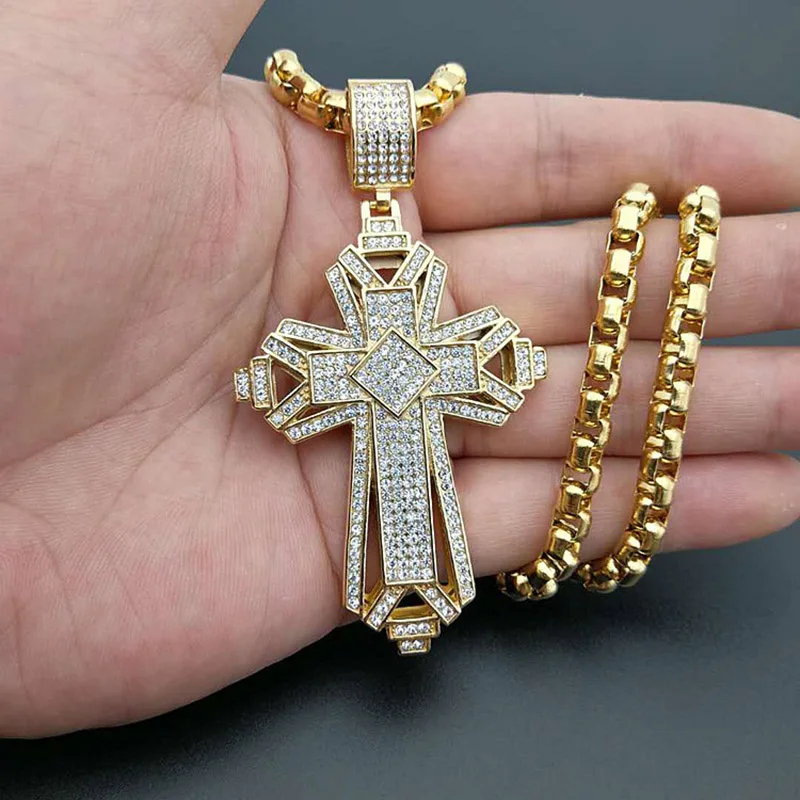 Хип-хоп CZ циркон проложили Bling Iced Out Золото Цвет Нержавеющая сталь большой крест подвески ожерелье для мужчин Христианская молитва ювелирные изделия