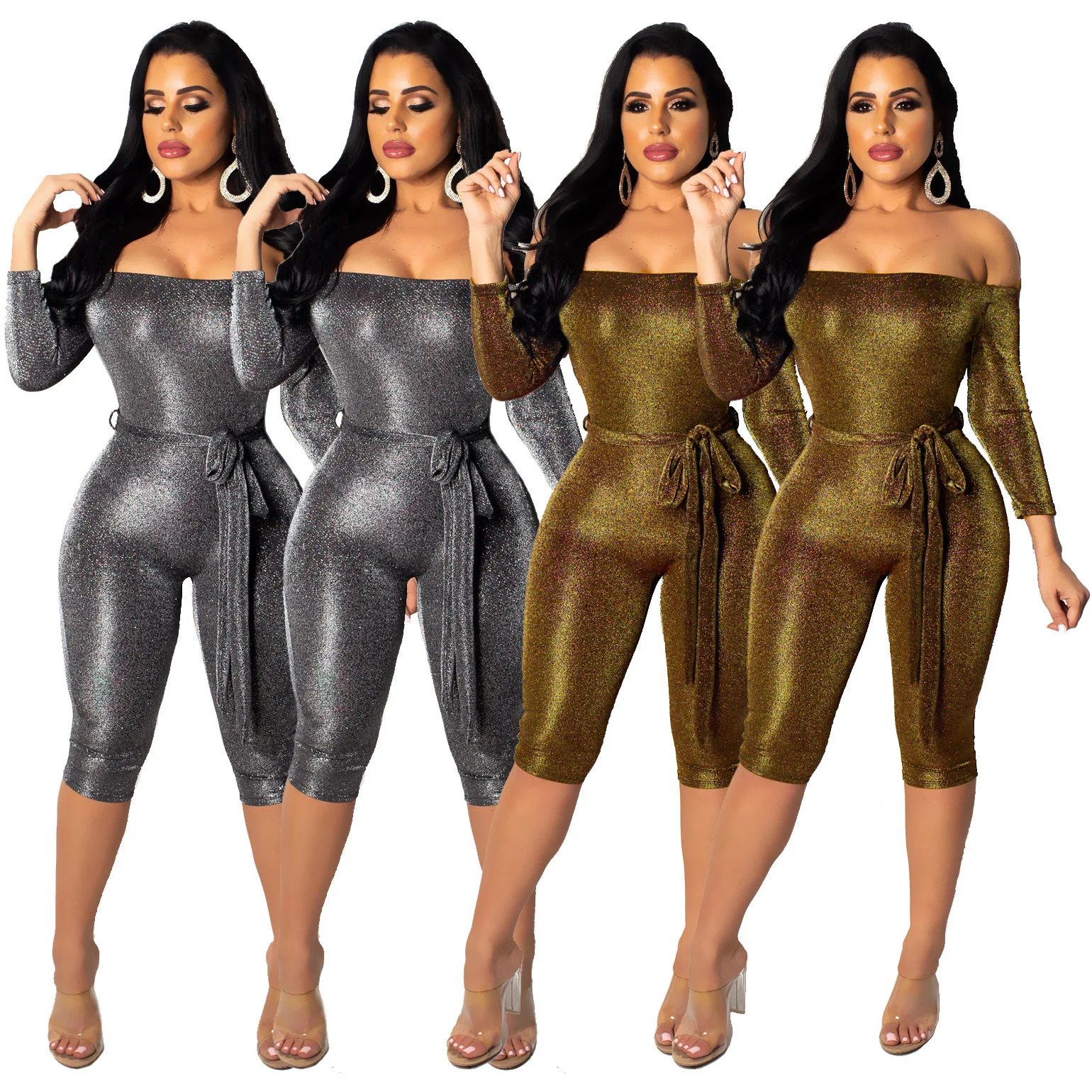 2019 new hot selling Sexy word collar gold and silver silk jumpsuit Skinny Solid suit for lady | Женская одежда