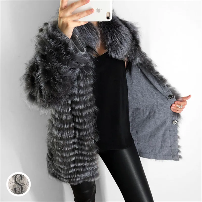 FURSARCAR 2021 New Natural Silver Fox Fur Coat Women Fur Collar Jacket For Female Fashion Winter Real  Fur Garment Lady