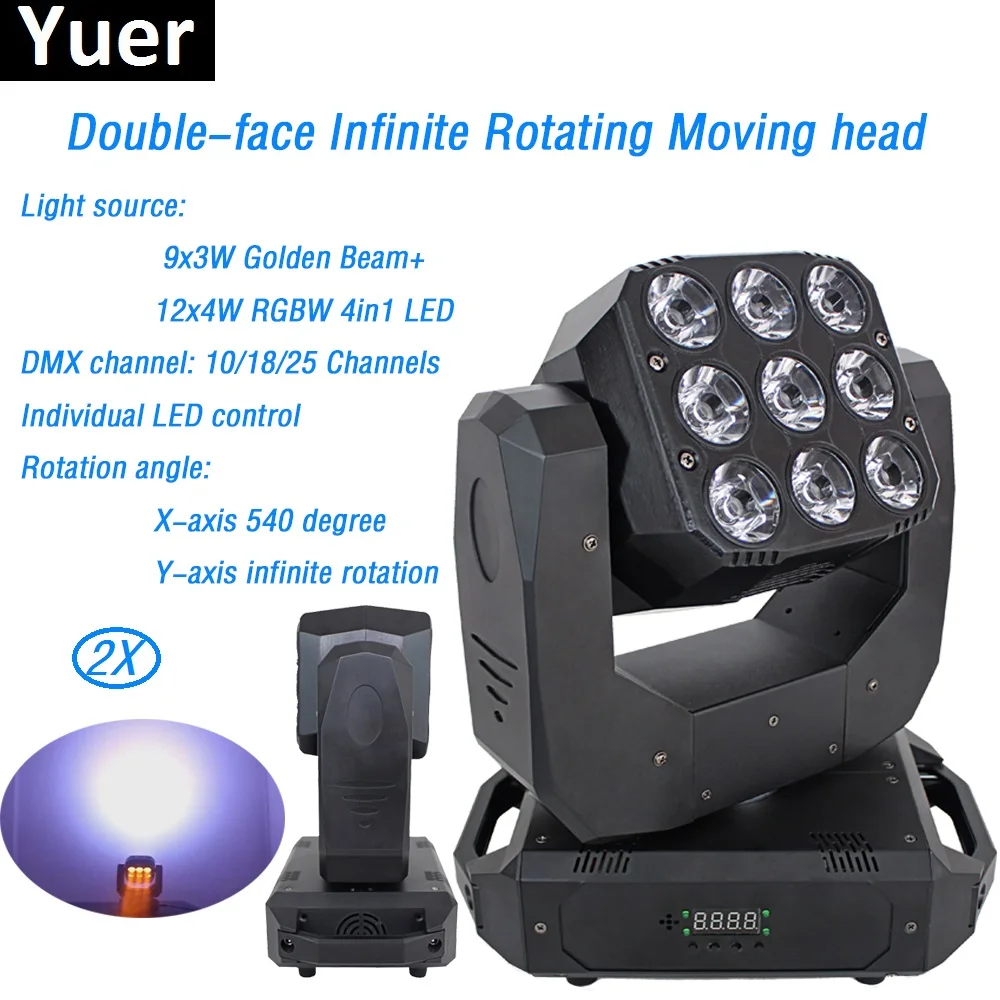 

2Pcs/Lot Double Face Moving Head led 9x3W Golden Beam 12x4W RGBW 4in1 beam wash stage lighting DMX512 for dj LED par light box