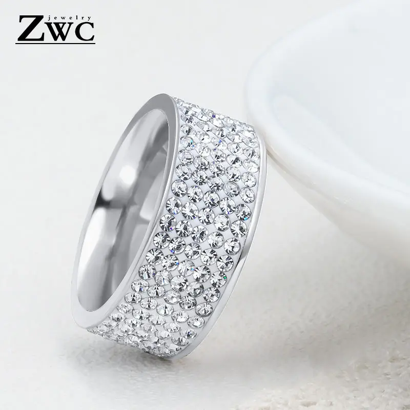 ZWC модные роскошные трендовые кольца для мужчин и женщин 8 мм 5 линий чистая кристальная Свадебная кольцо из нержавеющей стали ювелирные изделия