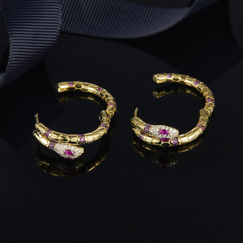 Серьги с застежкой из стерлингового серебра S925 пробы, с микро покрытием, верх из красного белого циркония, золотые серьги-кольца в виде змеи для женщин, роскошные ювелирные изделия
