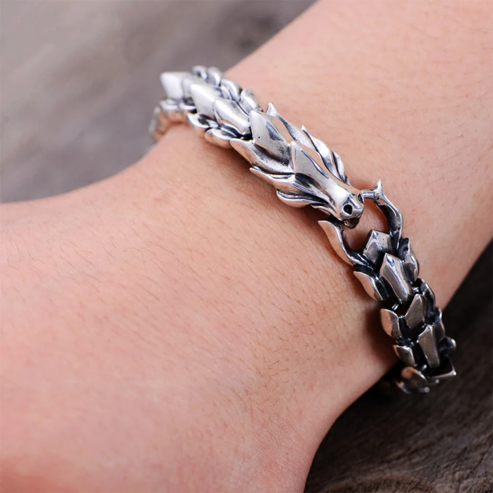 

MetJakt Vintage Thai Silver Keel Men's Bracelet Solid 100% S925 Sterling Silver Punk Rock Bracelet for Luxury Male Biker Jewelry
