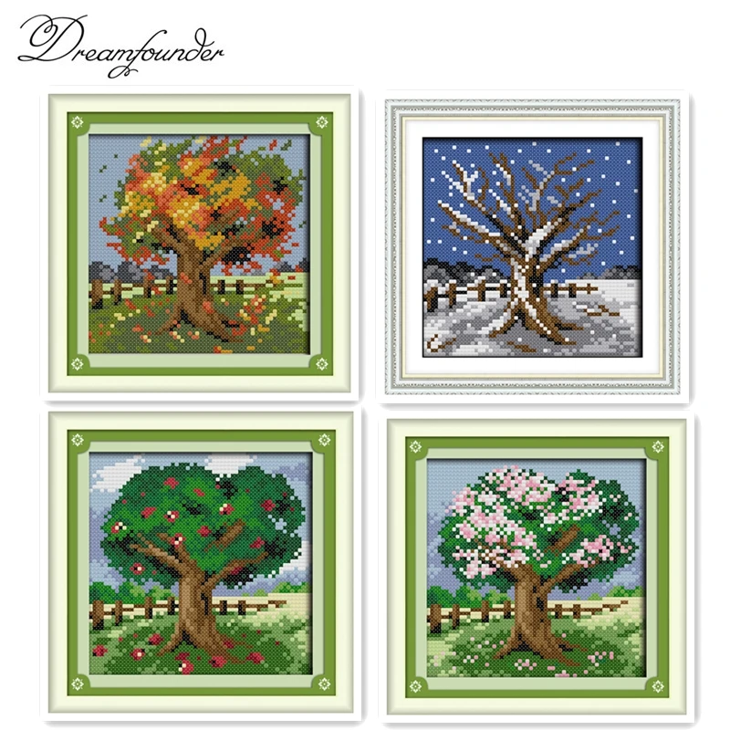 

Four Seasons Trees cross stitch kit aida 14ct 11ct count printed canvas stitches embroidery DIY handmade needlework