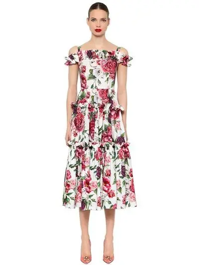 Autumn New Fashion Women Customize Made Plus Size 3XS-10XL Off the Shoulder Flower Print  Peony Printing Mid-Calf Dress