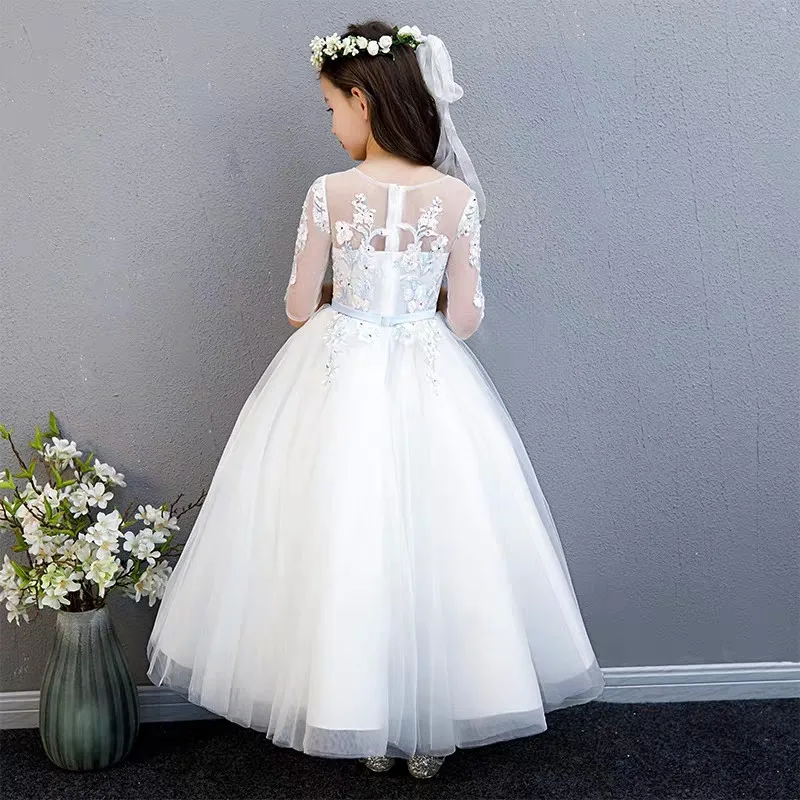 

2019Summer Spring Girls Children Embroidery Flowers Beading Birthday Wedding Party Long Dress Kids Teens Host Piano Mesh Dress