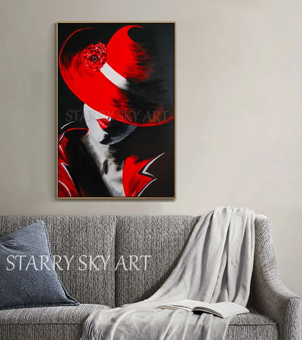 Beautiful Wall Art Fine Lady with Red Hat Oil Painting on Canvas Special Portrait for Decoration | Дом и сад