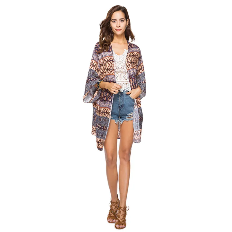 

2019 new beach outer cover long-sleeved printed cardigan shirt