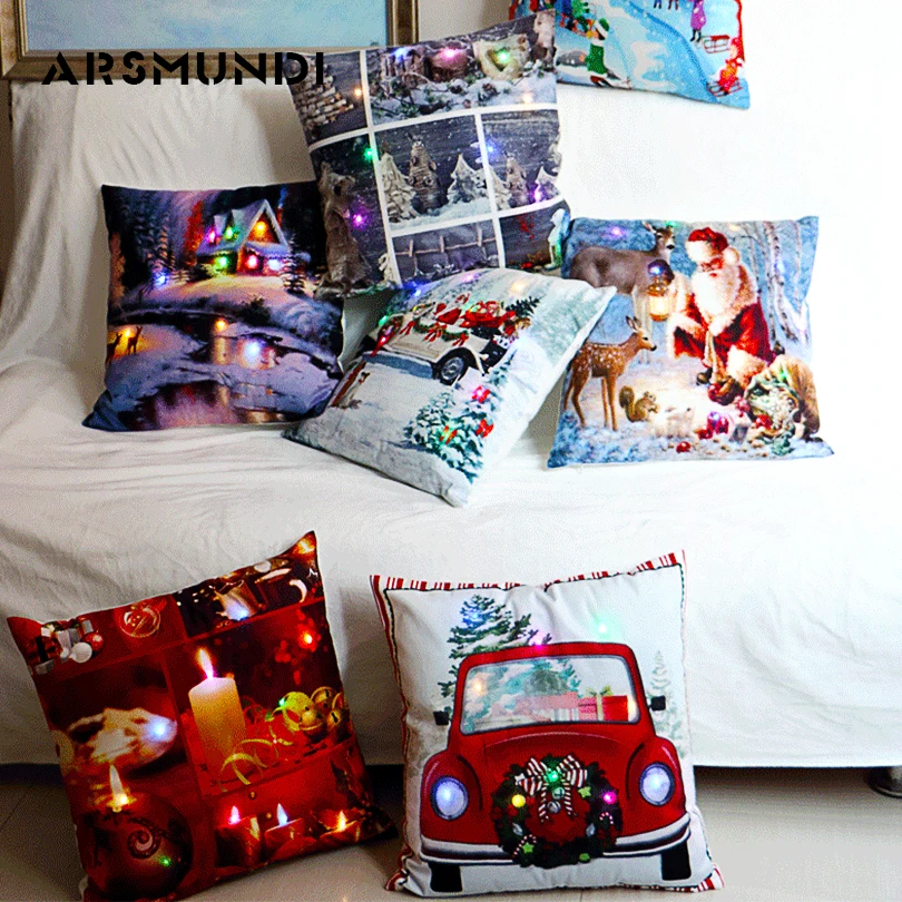 

Merry Christmas LED Cushion Cover Printed Woven Fashion Living Room Pillow Covers Decorative Simple Home 45Cm*45Cm