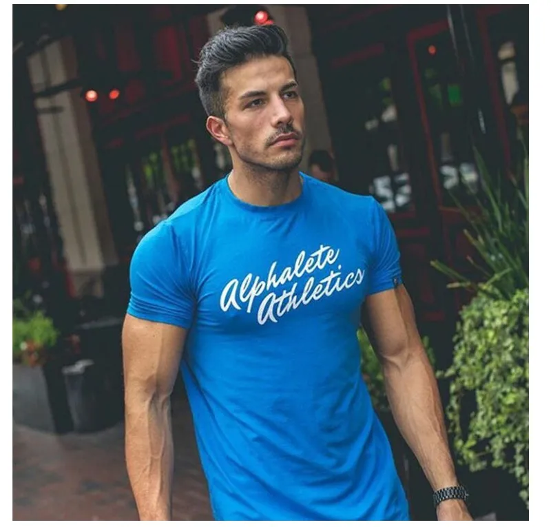 ALPHALETE, летняя модная футболка, мужская, s, спортивная одежда, хлопок, короткий рукав, облегающая футболка, Ftiness, мужская, компрессионная футболка, Homme - Цвет: Синий