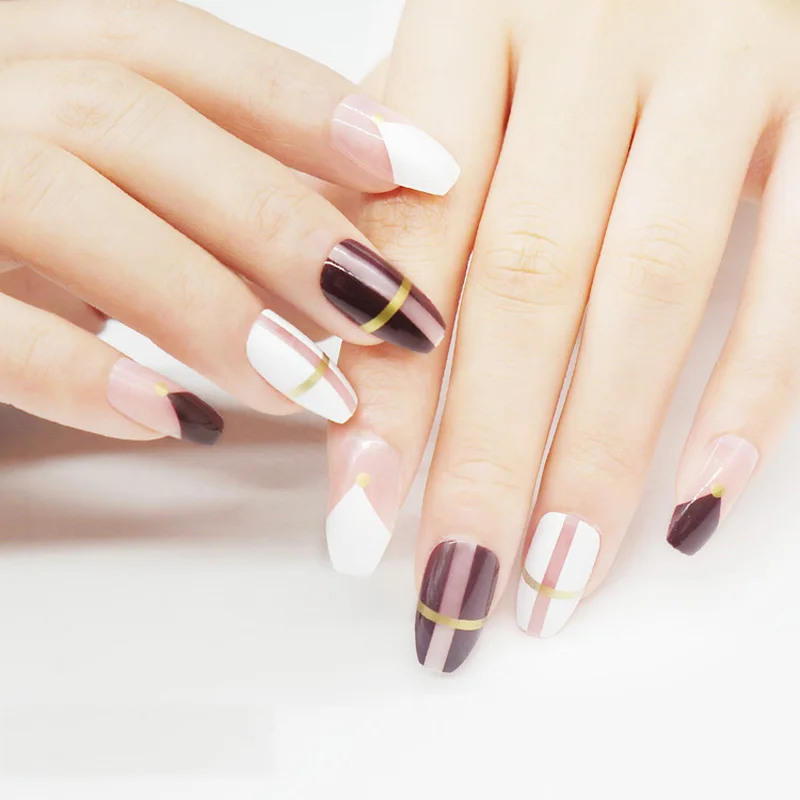 24 шт./компл. Золотая лента дизайн Nep Nagels ежедневный стиль гроб накладные ногти