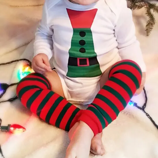 2017 New Arrivals Christmas Cloth Cartoon Tie Print Long Sleeve White Bodysuit+Red Green Striped Socks Newborn Baby Boys Sets |