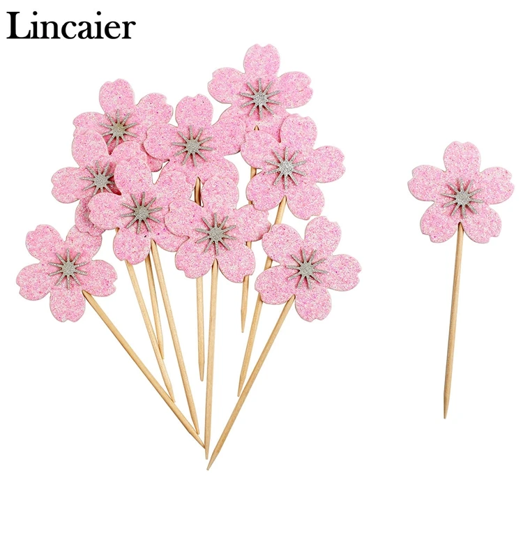Lincaier 10 шт. розовые вишни кекс топперы для девочек День рождения украшения для детей Сакура Торт принадлежности аксессуары цветок