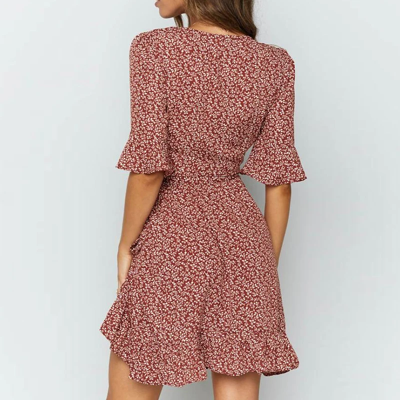 

2019 New Summer Bohemian Floral Print Dress Women Sexy Deep V Neck Ruffle Sleeve Beach Dress Elegant Party Mini Dresses Vestidos
