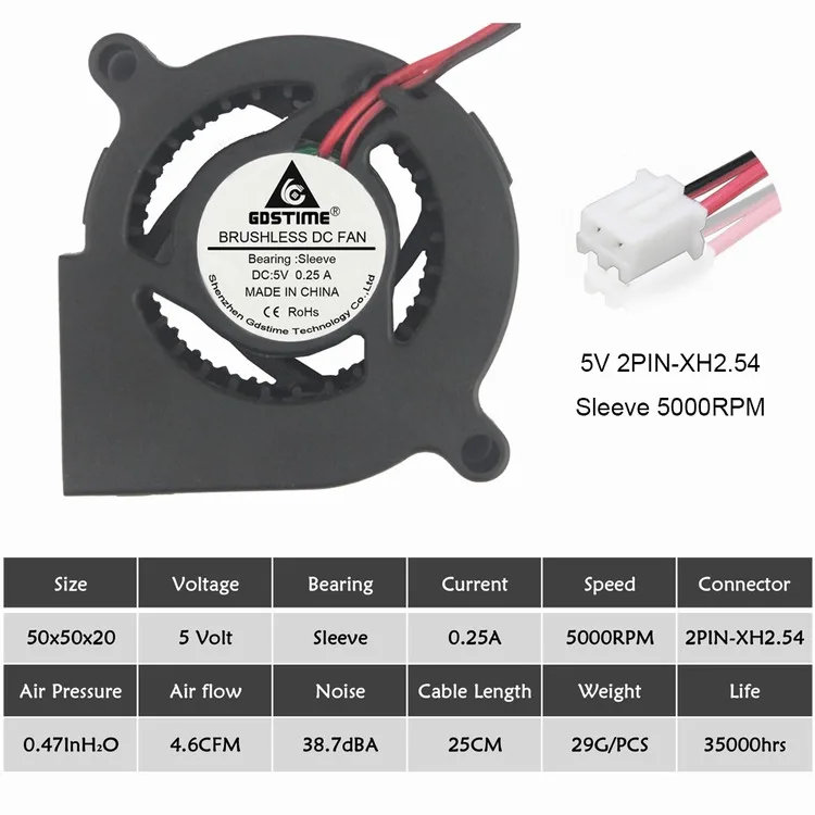 5V Sleeve 2 шт. Gdstime 5020 вентилятор 24 в 12 В 5 в центробежный турбинный вентилятор 50 мм 2-контактный охлаждающий кулер - Цвет лезвия: 5V Sleeve