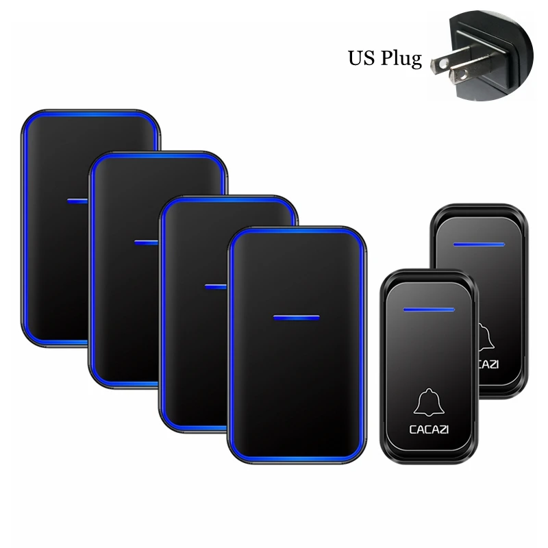 black 2x4 US CACAZI Smart Wireless Doorbell Waterproof 2 Button 4 Receiver US EU UK AU Plug LED Light Home Welcome Door Bell Calling Chime - Цвет: black 2x4 US