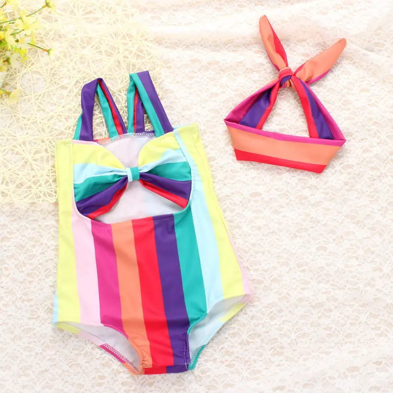 Bikini With Headband New 2019 Upgraded Kids Girls One Pieces Candy Color Striped Sling Bow Swimsuit Swimwear Biquini S91203X | Спорт и