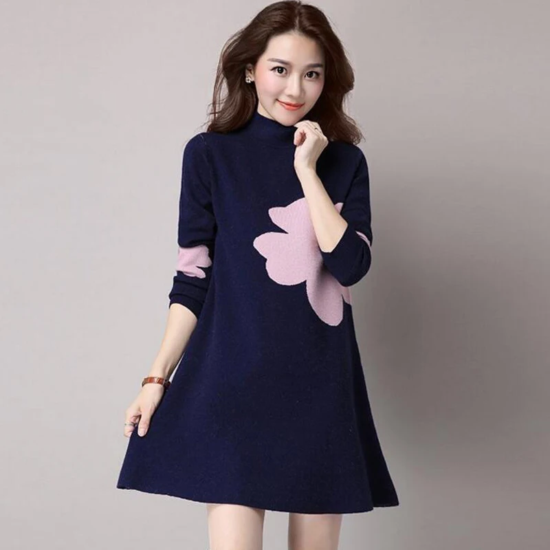 Autumn Winter Solid color knitting Sweaters Dress Women Fashion Loose O-Neck A-Line Dress Casual Print Long sleeve dress Female