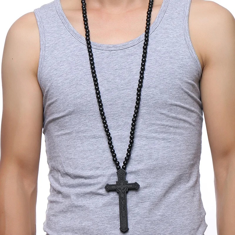 Large Wooden Catholic Jesus Men's Cross with Carved Rosary Pendant Long Collier Statement Necklace image 3