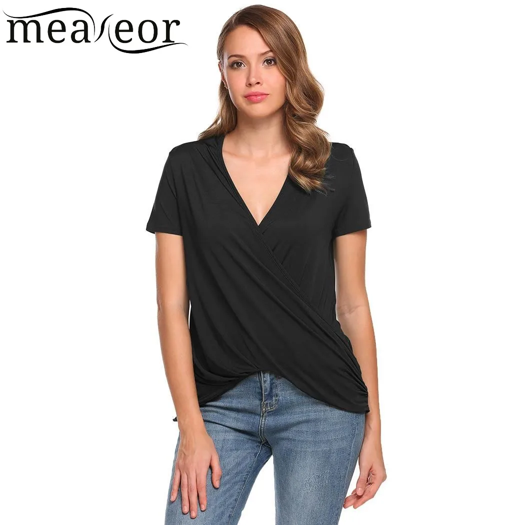 Женские футболки Meaneor повседневные однотонные с коротким рукавом и драпировкой