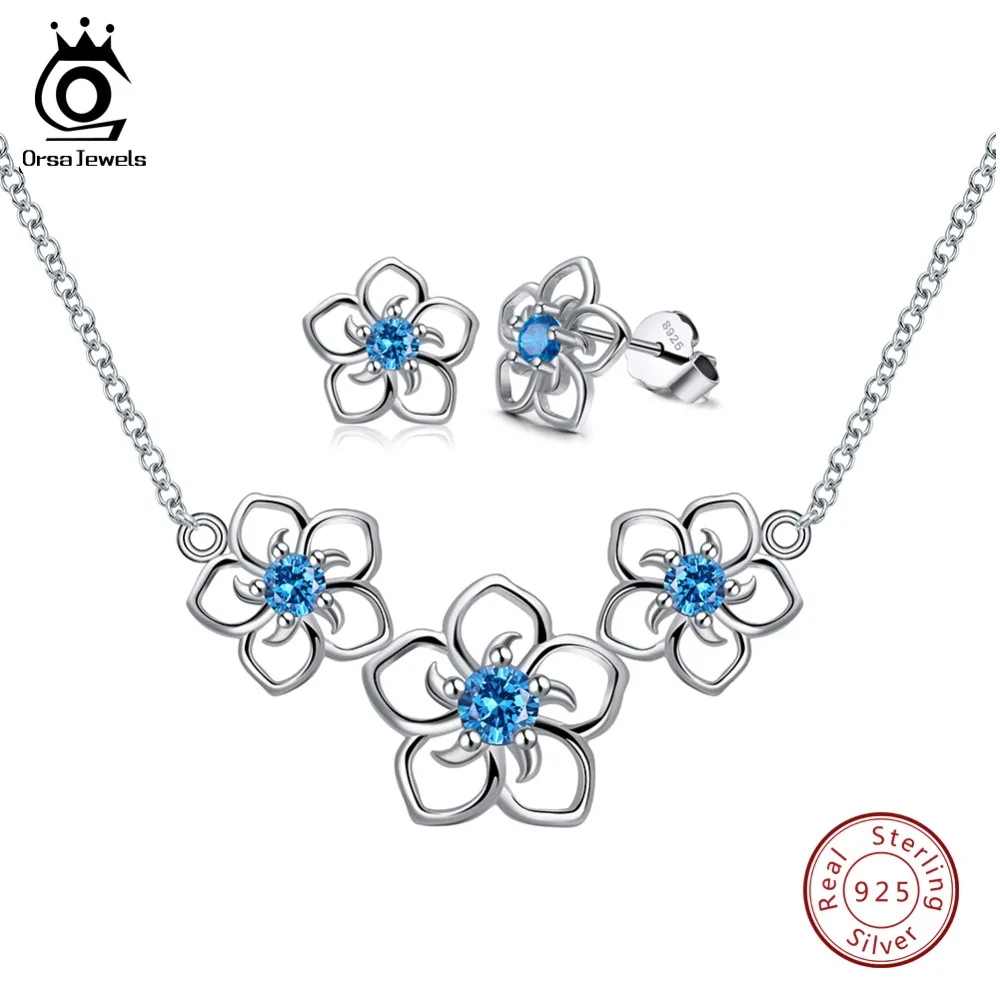 ORSA JEWELS настоящий 925 пробы, серебряные ювелирные наборы, выдолбленный цветочный дизайн с голубым AAA CZ вечерние колье серьги SS23-L
