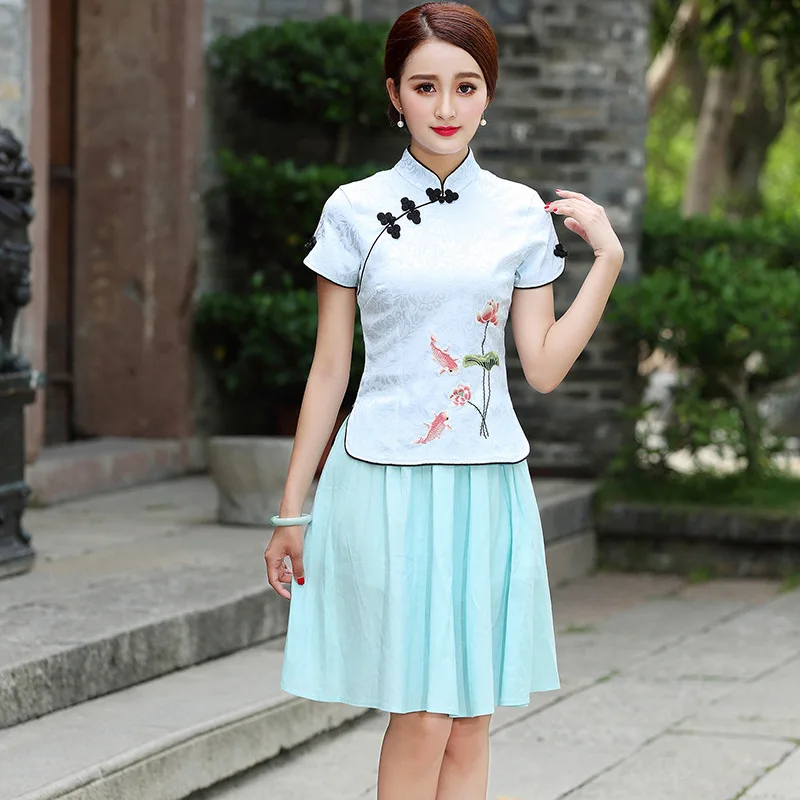 Лето 2017 Женский Ретро Улучшенный костюм Тан топ вышитый косой лацкан на молнии