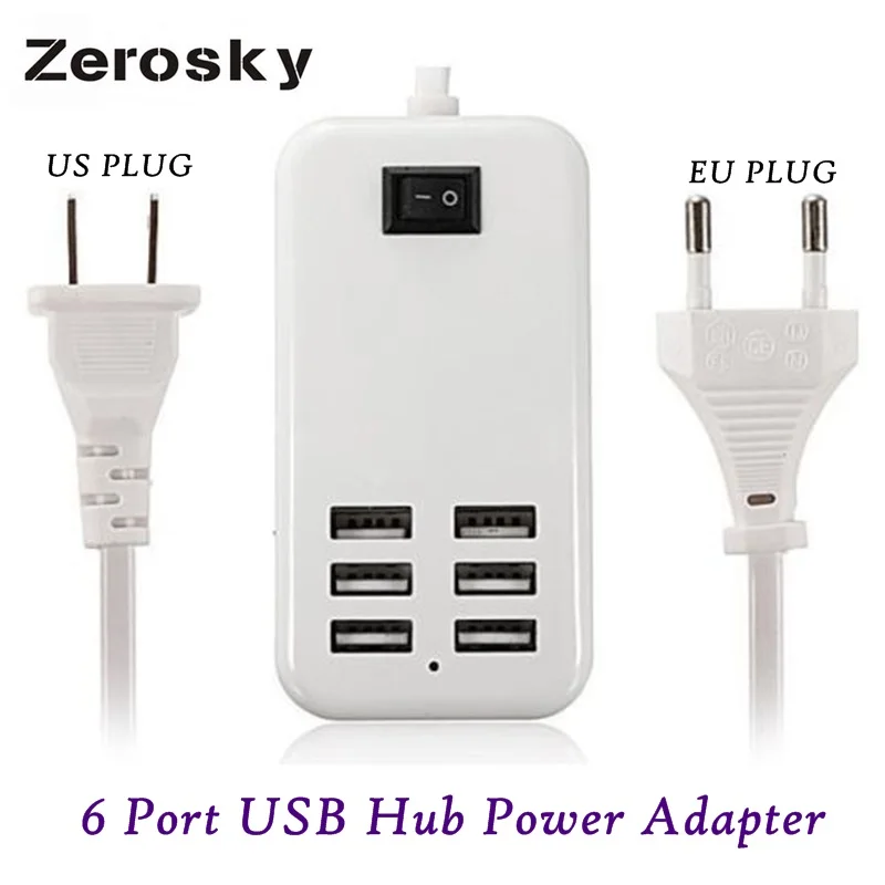 Сетевое зарядное устройство Zerosky с 6 USB портами и 1 выключателем для